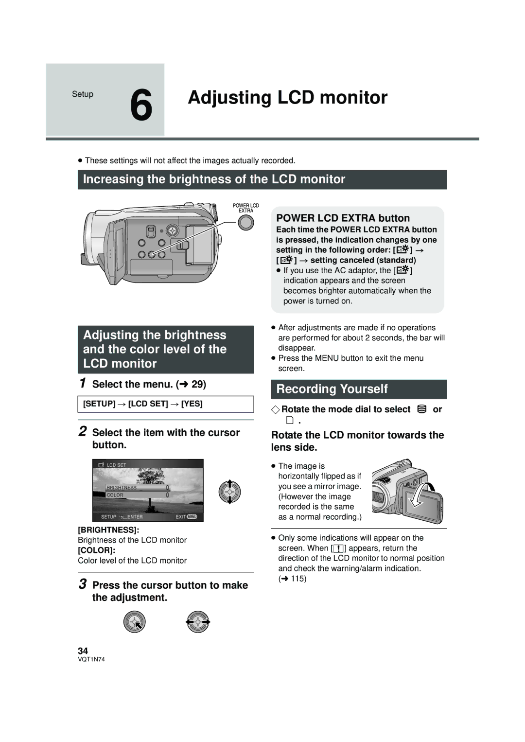 Panasonic HDC-HS9PC Setup 6 Adjusting LCD monitor, Recording Yourself, Select the item with the cursor button 