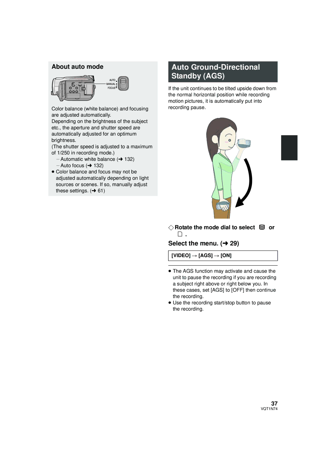 Panasonic HDC-HS9PC operating instructions Auto Ground-Directional Standby AGS, About auto mode, Video # AGS # on 