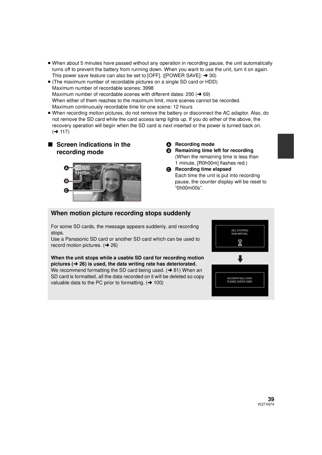 Panasonic HDC-HS9PC Screen indications in the recording mode, When motion picture recording stops suddenly 