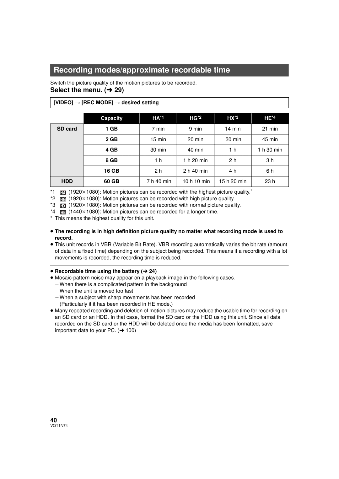 Panasonic HDC-HS9PC operating instructions Recording modes/approximate recordable time, Hdd 