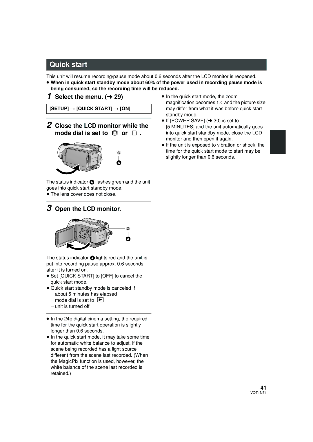 Panasonic HDC-HS9PC Quick start, Close the LCD monitor while Mode dial is set to or, Open the LCD monitor 