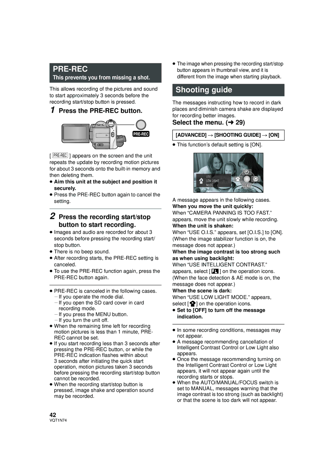 Panasonic HDC-HS9PC operating instructions Shooting guide, Press the PRE-REC button, Advanced # Shooting Guide # on 