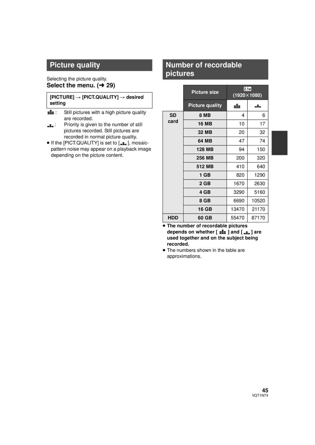 Panasonic HDC-HS9PC Picture quality, Number of recordable pictures, Picture # PICT.QUALITY # desired setting, Card 