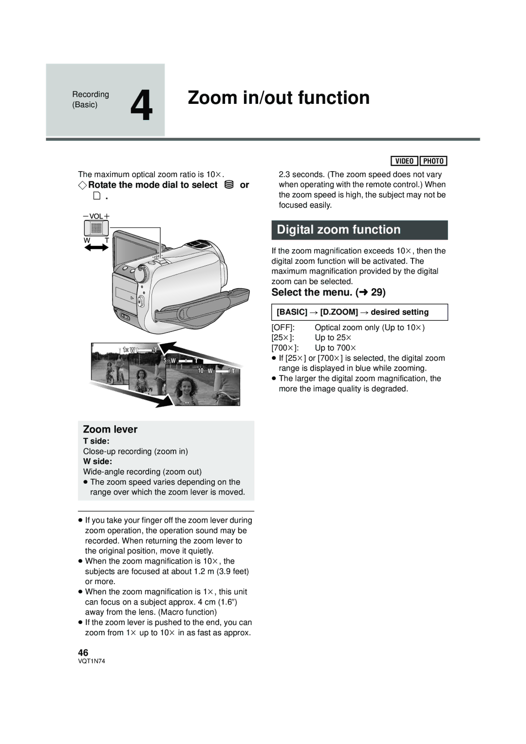 Panasonic HDC-HS9PC Zoom in/out function, Digital zoom function, Zoom lever, ¬Rotate the mode dial to select 