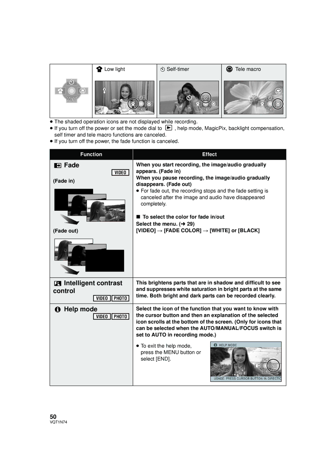 Panasonic HDC-HS9PC operating instructions Fade, Intelligent contrast, Control 