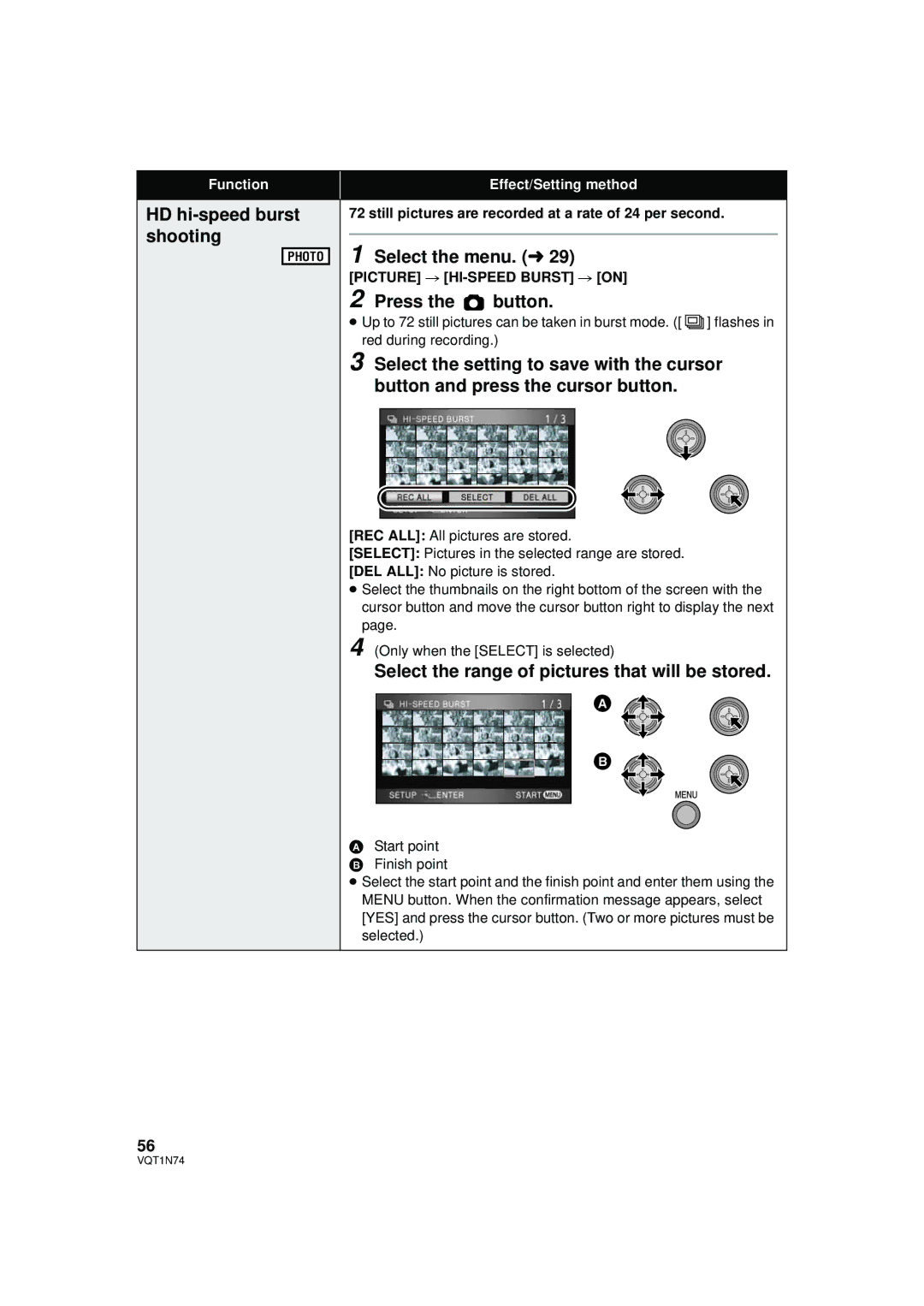 Panasonic HDC-HS9P HD hi-speed burst shooting, Press the button, Select the range of pictures that will be stored 