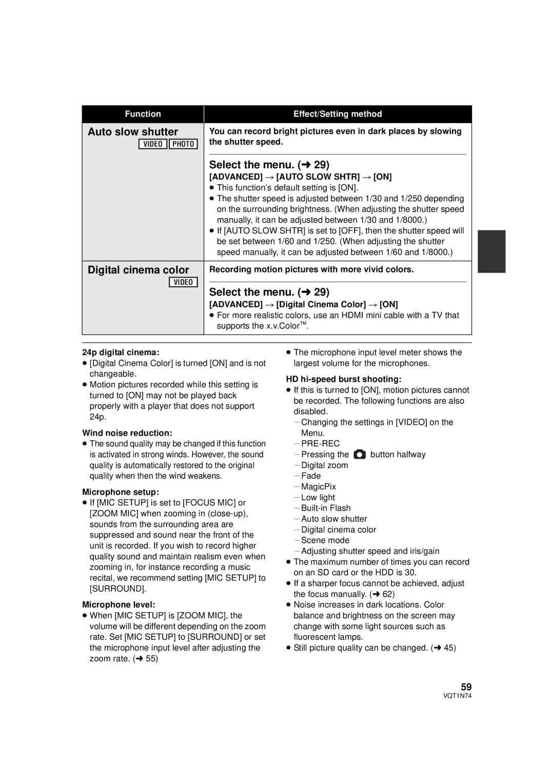 Panasonic HDC-HS9PC operating instructions Auto slow shutter, Digital cinema color, Advanced # Auto Slow Shtr # on 