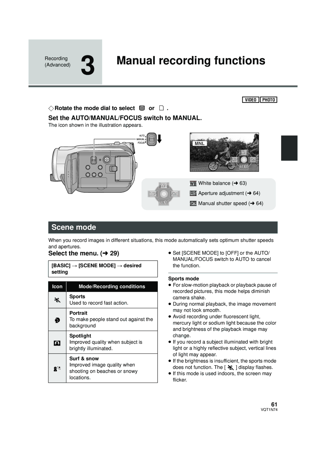 Panasonic HDC-HS9PC Manual recording functions, Scene mode, Set the AUTO/MANUAL/FOCUS switch to Manual 