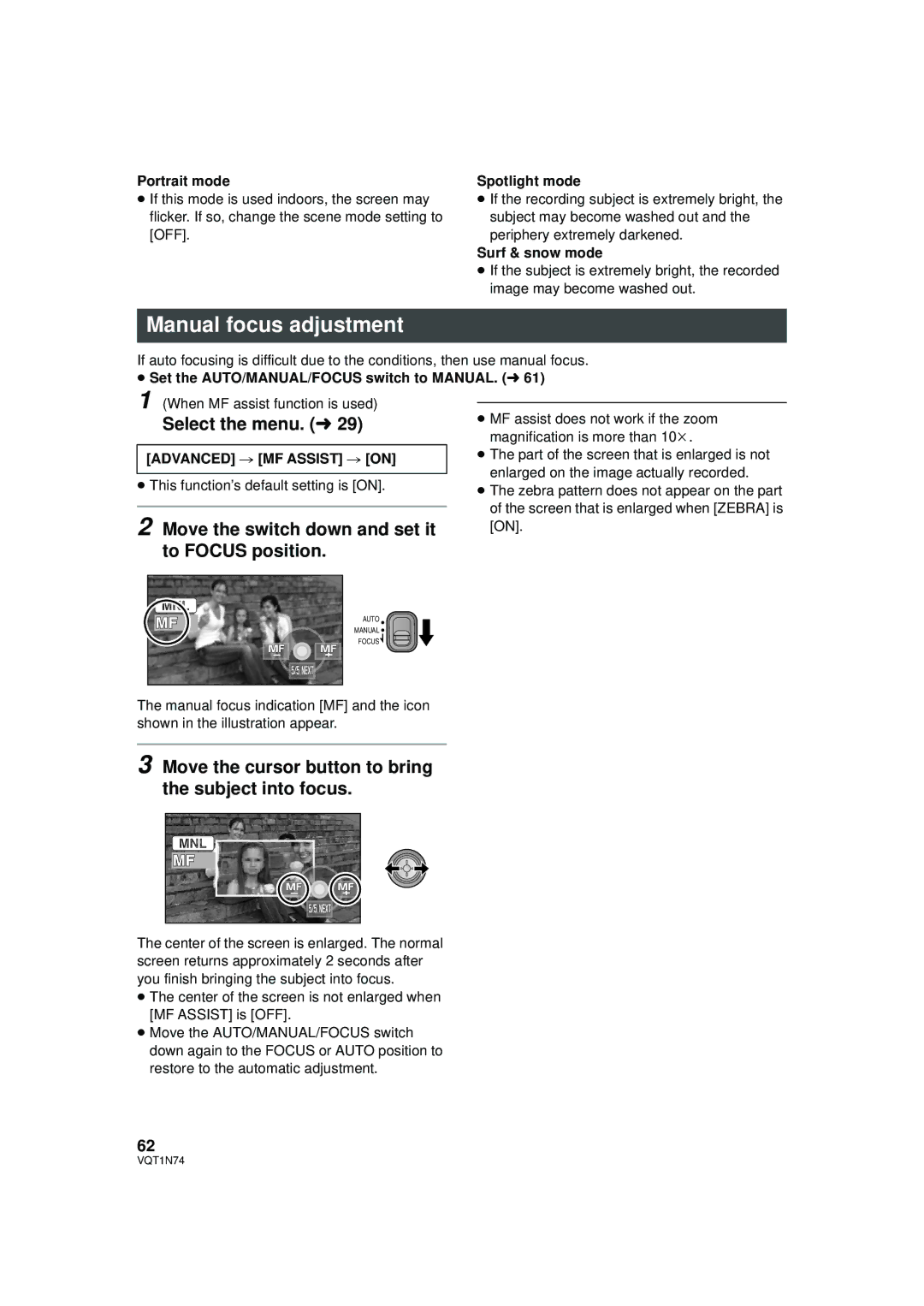 Panasonic HDC-HS9P Manual focus adjustment, Move the switch down and set it to Focus position, Advanced # MF Assist # on 