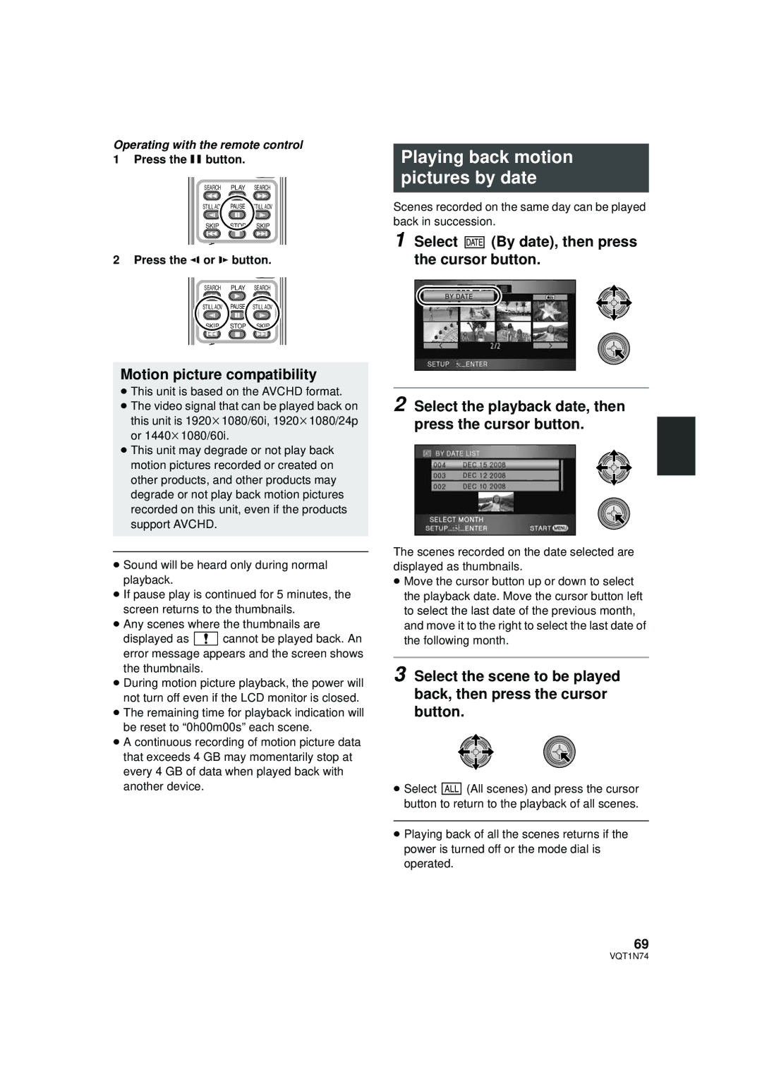 Panasonic HDC-HS9PC Playing back motion pictures by date, Motion picture compatibility, Press the E or D button 