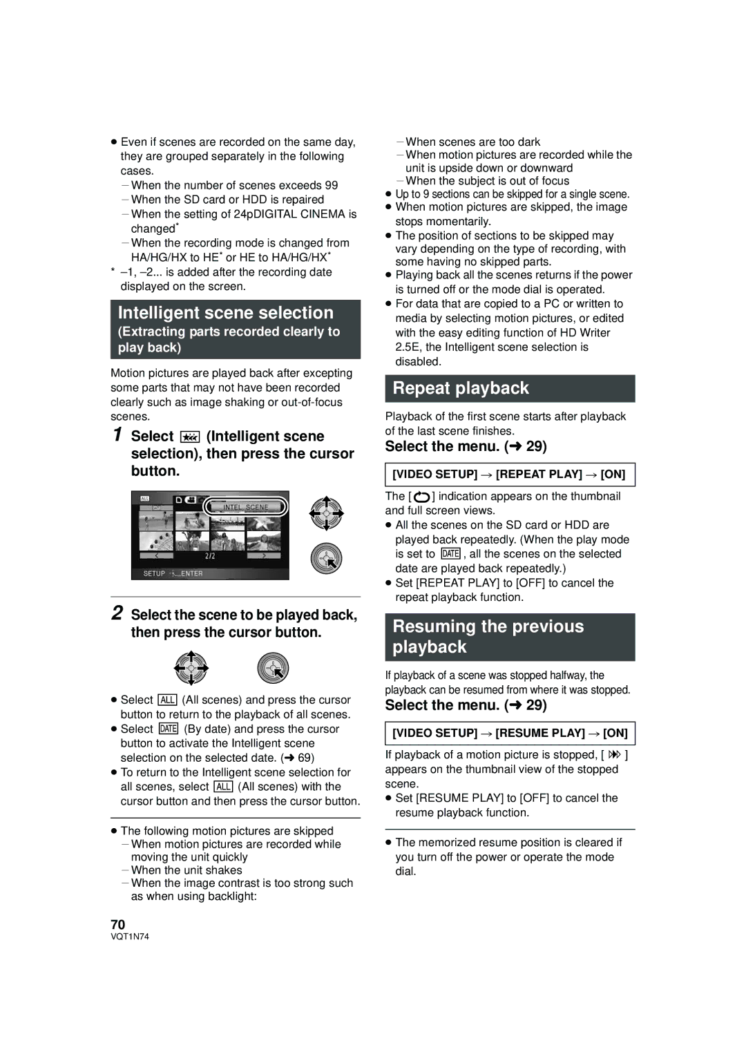 Panasonic HDC-HS9PC operating instructions Intelligent scene selection, Repeat playback, Resuming the previous playback 