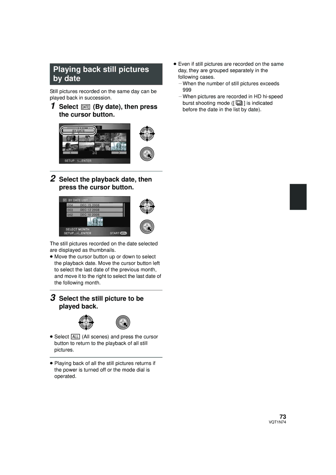 Panasonic HDC-HS9PC operating instructions Playing back still pictures by date, Select the still picture to be played back 