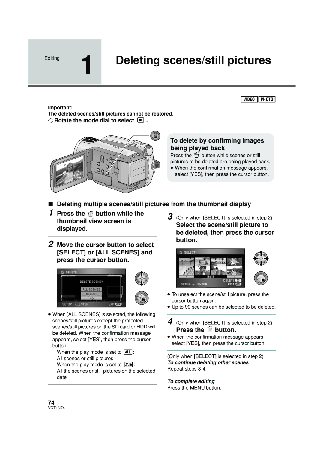 Panasonic HDC-HS9PC operating instructions Deleting scenes/still pictures 