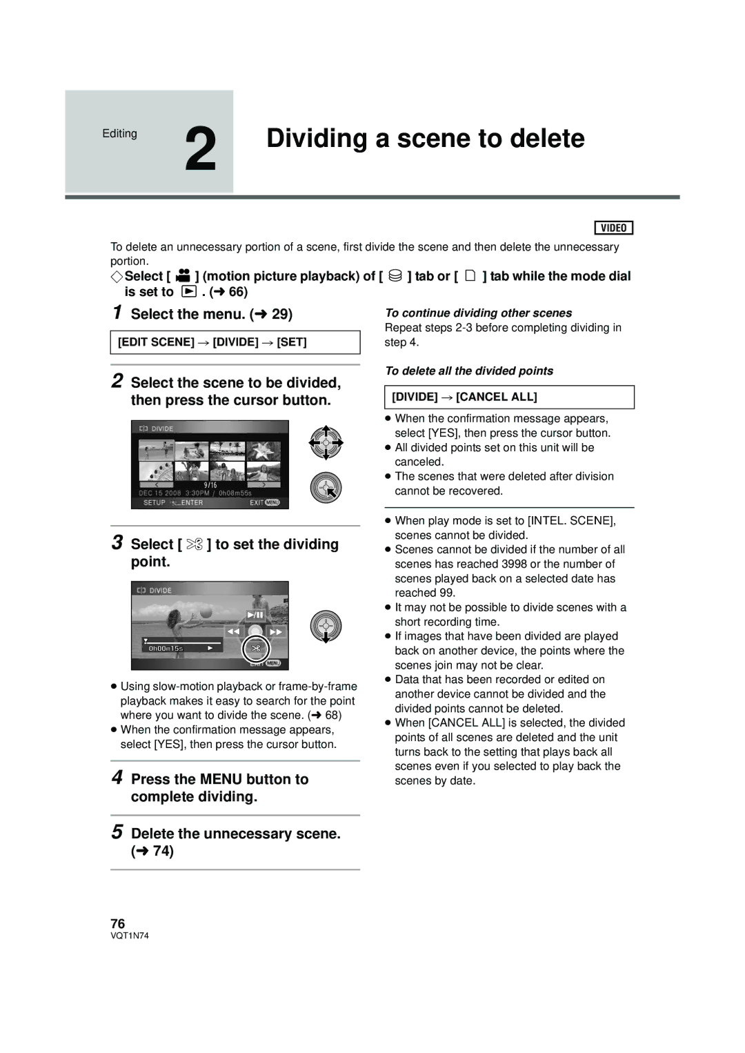 Panasonic HDC-HS9PC operating instructions Dividing a scene to delete, Edit Scene # Divide # SET, Divide # Cancel ALL 