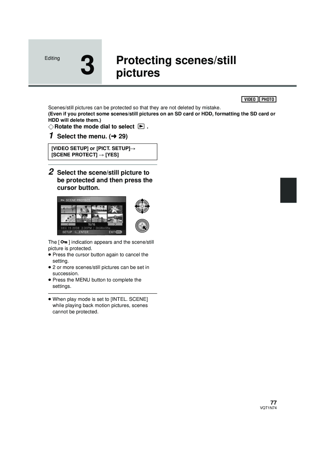 Panasonic HDC-HS9PC operating instructions PicturesProtecting scenes/still, Video Setup or PICT. SETUP# Scene Protect # YES 