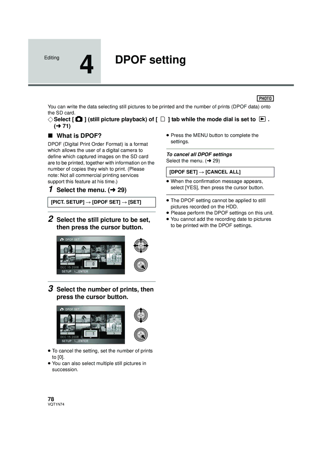 Panasonic HDC-HS9P Editing 4 Dpof setting, What is DPOF?, Select the number of prints, then press the cursor button 