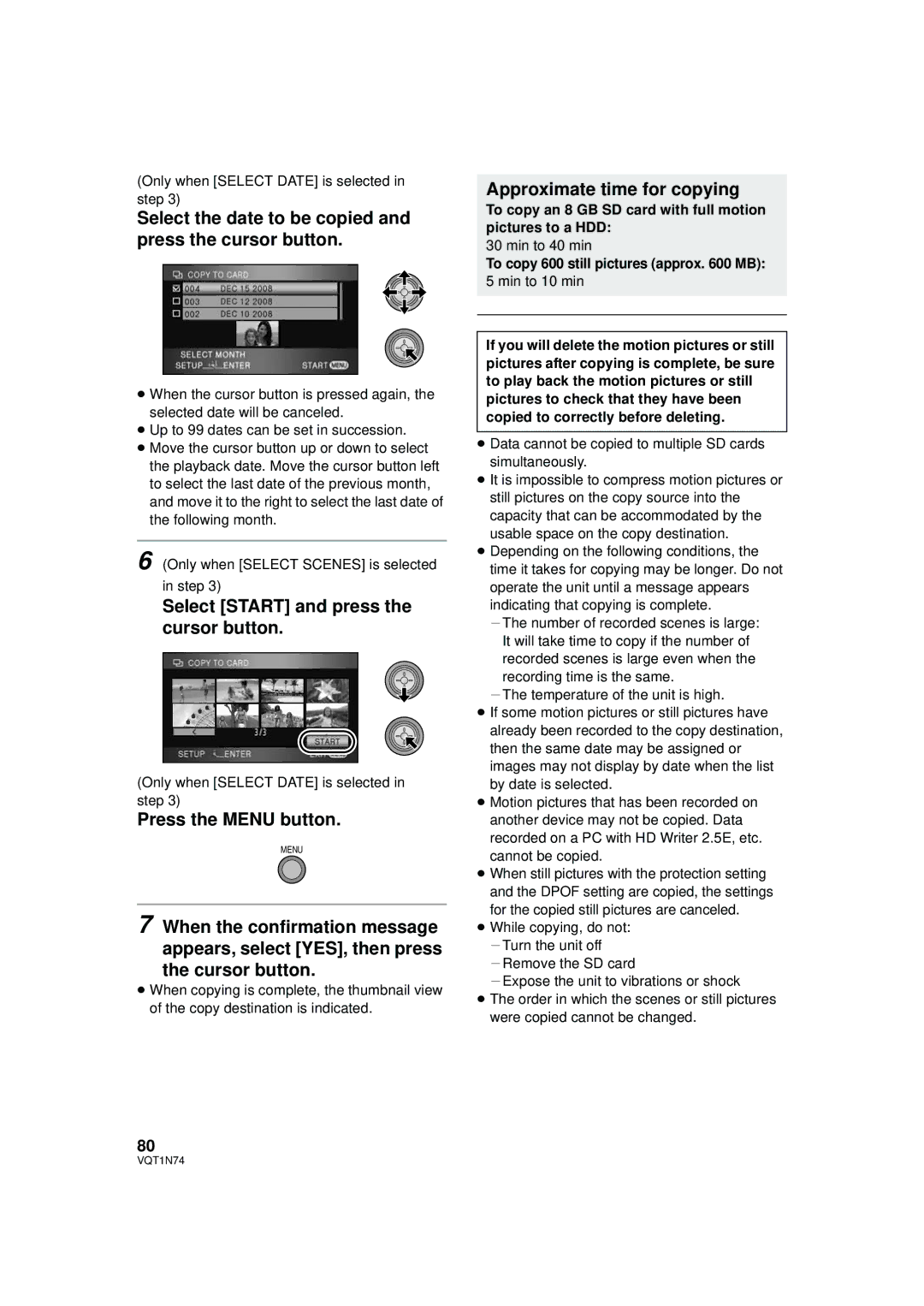 Panasonic HDC-HS9P Select the date to be copied and press the cursor button, Select Start and press the cursor button 