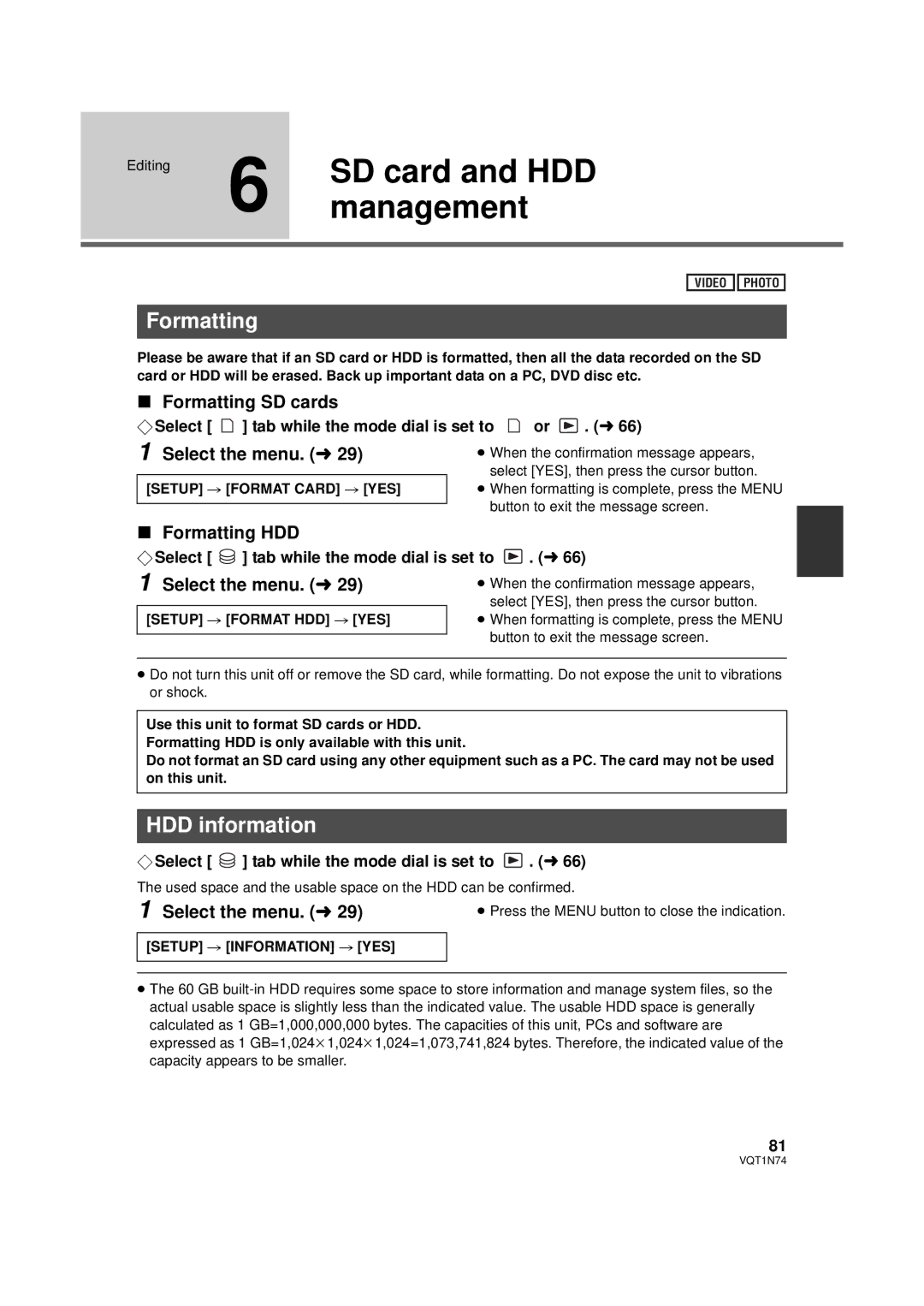 Panasonic HDC-HS9PC operating instructions SD card and HDD, Management, Formatting, HDD information 