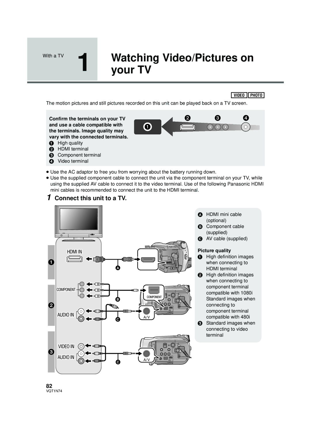 Panasonic HDC-HS9PC Watching Video/Pictures on, Your TV, Connect this unit to a TV, With a TV, Picture quality 