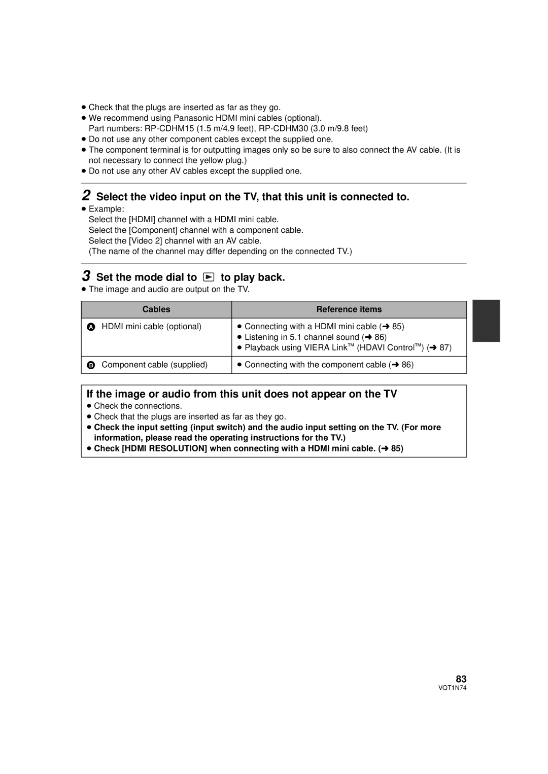 Panasonic HDC-HS9PC operating instructions Set the mode dial to to play back, Cables Reference items 