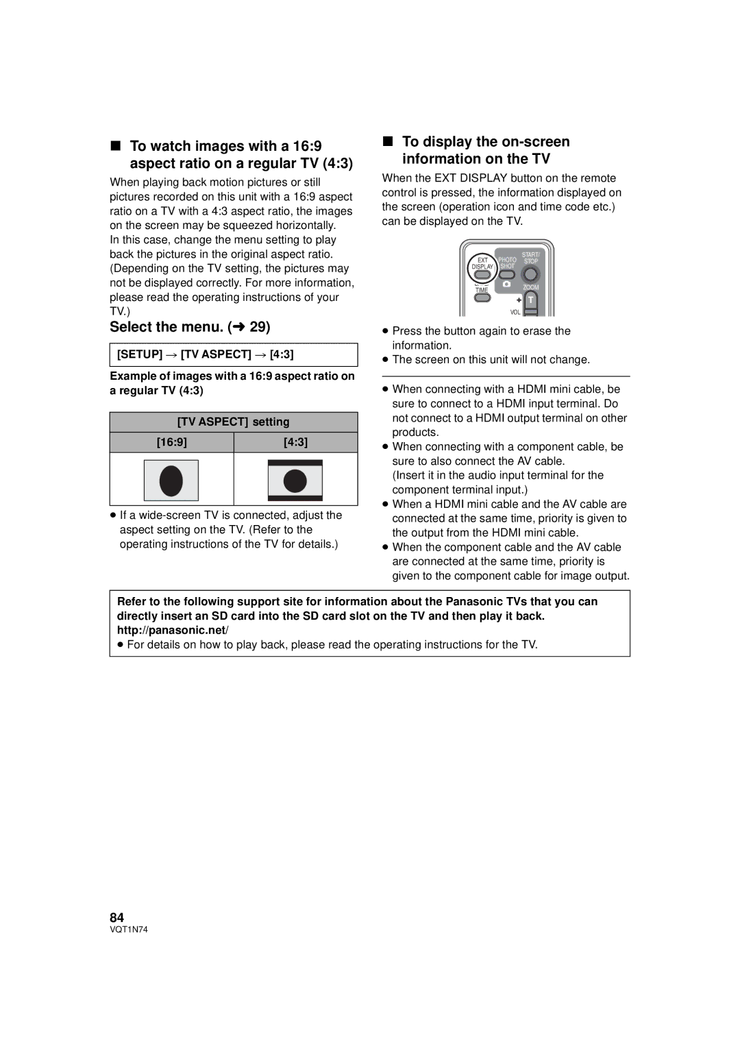 Panasonic HDC-HS9P To watch images with a 169 aspect ratio on a regular TV, To display the on-screen information on the TV 