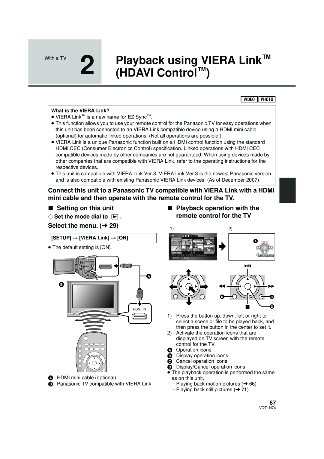 Panasonic HDC-HS9PC Playback using Viera Link, Hdavi Control, Playback operation with the remote control for the TV 