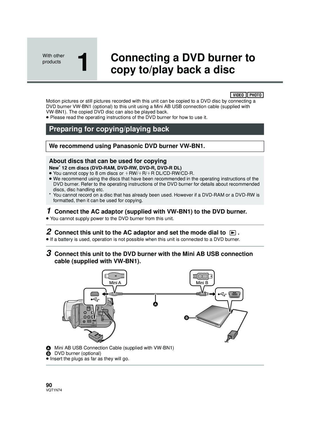 Panasonic HDC-HS9PC Connecting a DVD burner to, Copy to/play back a disc, Preparing for copying/playing back 