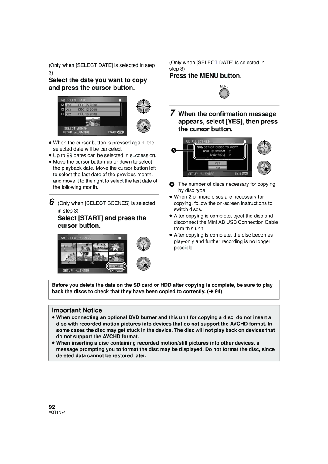 Panasonic HDC-HS9PC Select the date you want to copy and press the cursor button, Important Notice 