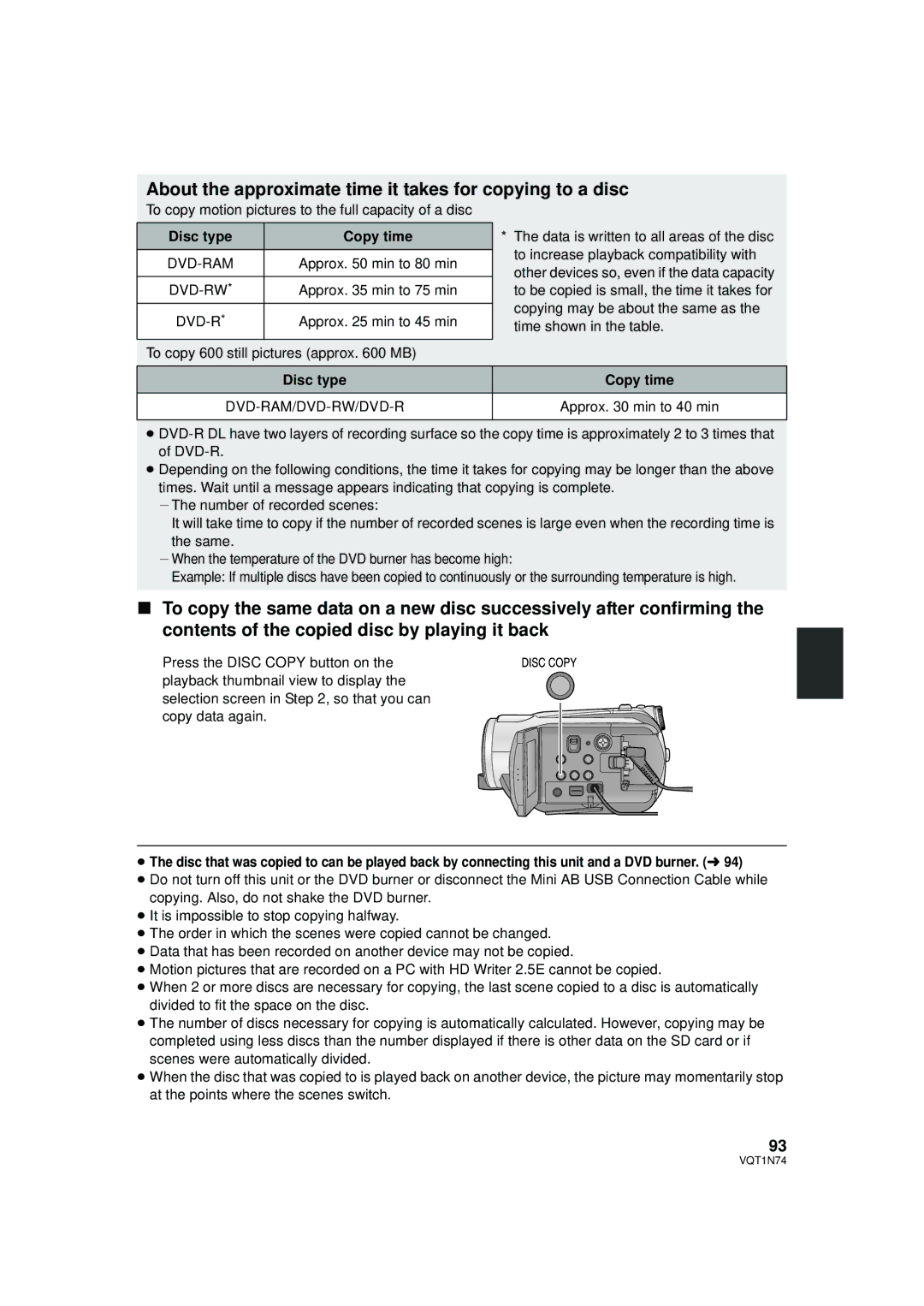 Panasonic HDC-HS9PC About the approximate time it takes for copying to a disc, Disc type Copy time, Dvd-Ram/Dvd-Rw/Dvd-R 