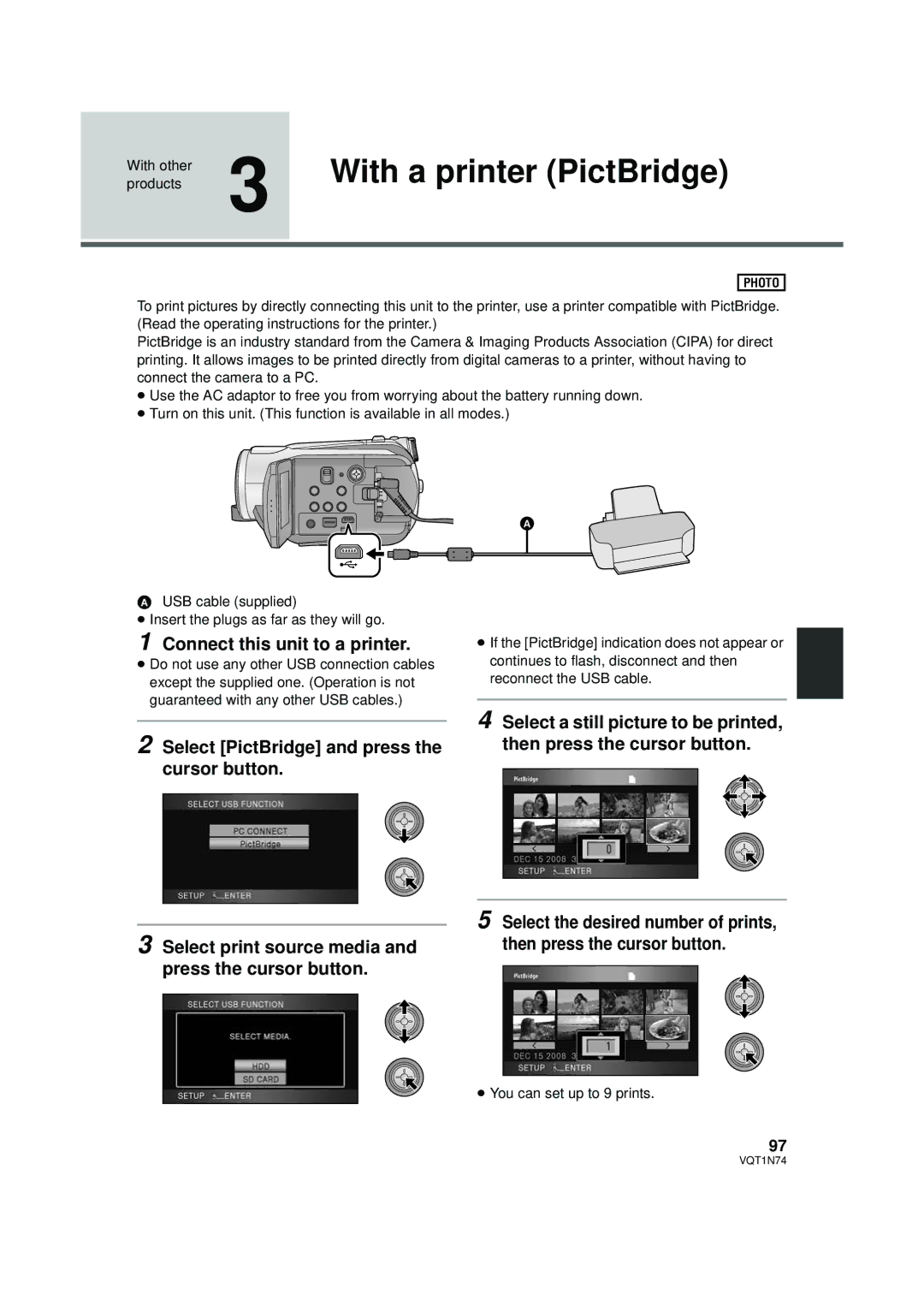 Panasonic HDC-HS9PC operating instructions With a printer PictBridge, Connect this unit to a printer 