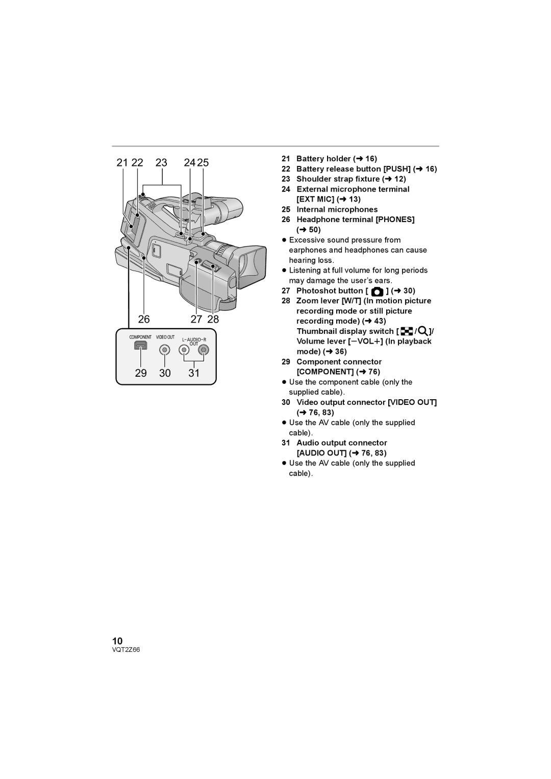 Panasonic HDC-MDH1 operating instructions Video output connector Video OUT l 76, Audio output connector Audio OUT l 76 