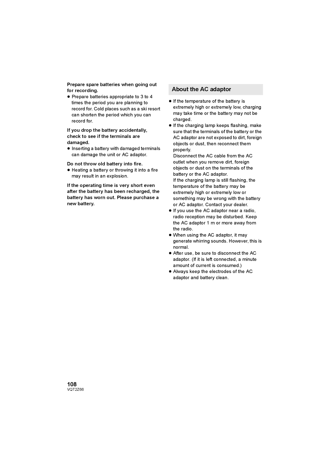 Panasonic HDC-MDH1 operating instructions About the AC adaptor, 108, Prepare spare batteries when going out for recording 