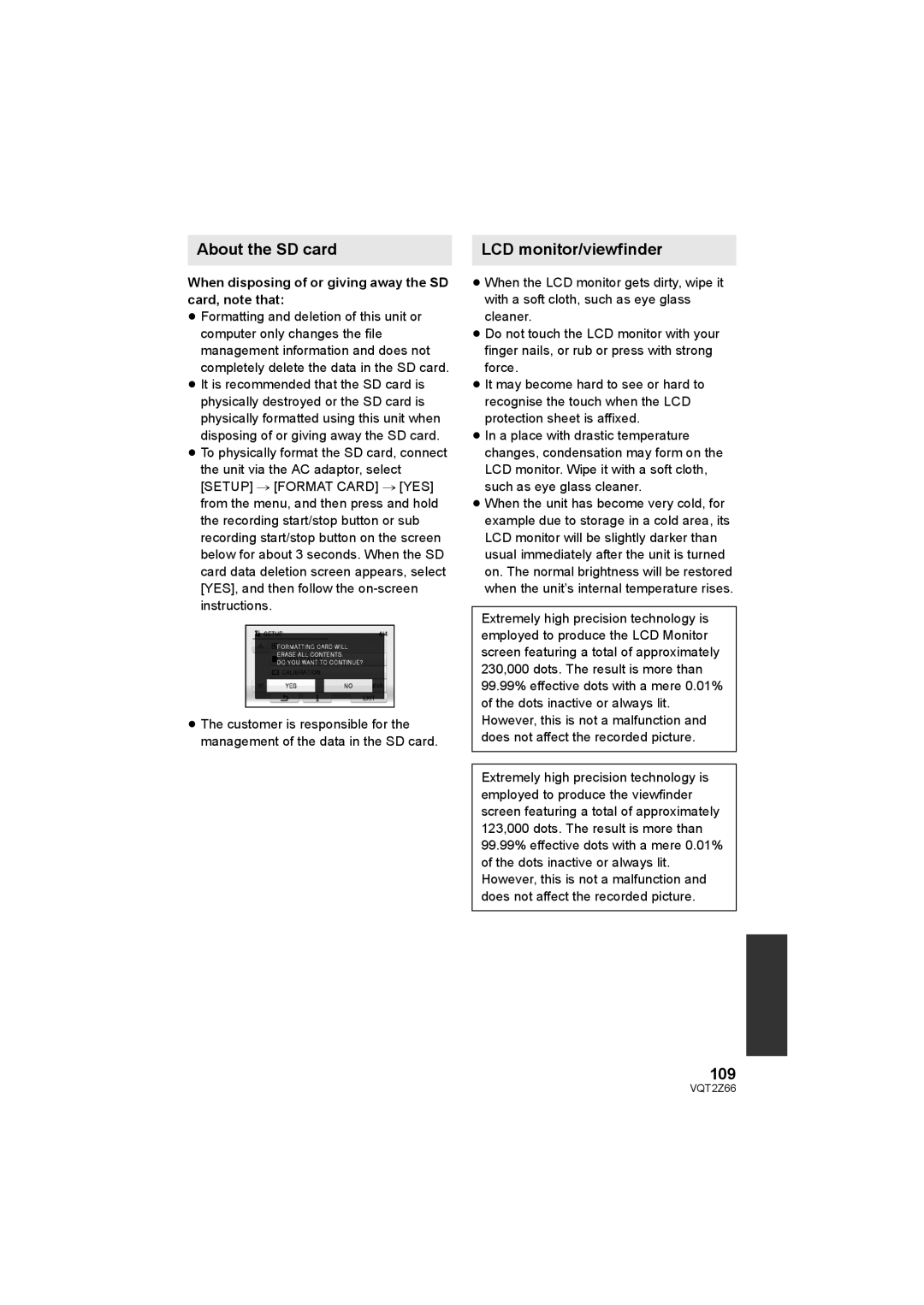 Panasonic HDC-MDH1 About the SD card LCD monitor/viewfinder, 109, When disposing of or giving away the SD card, note that 