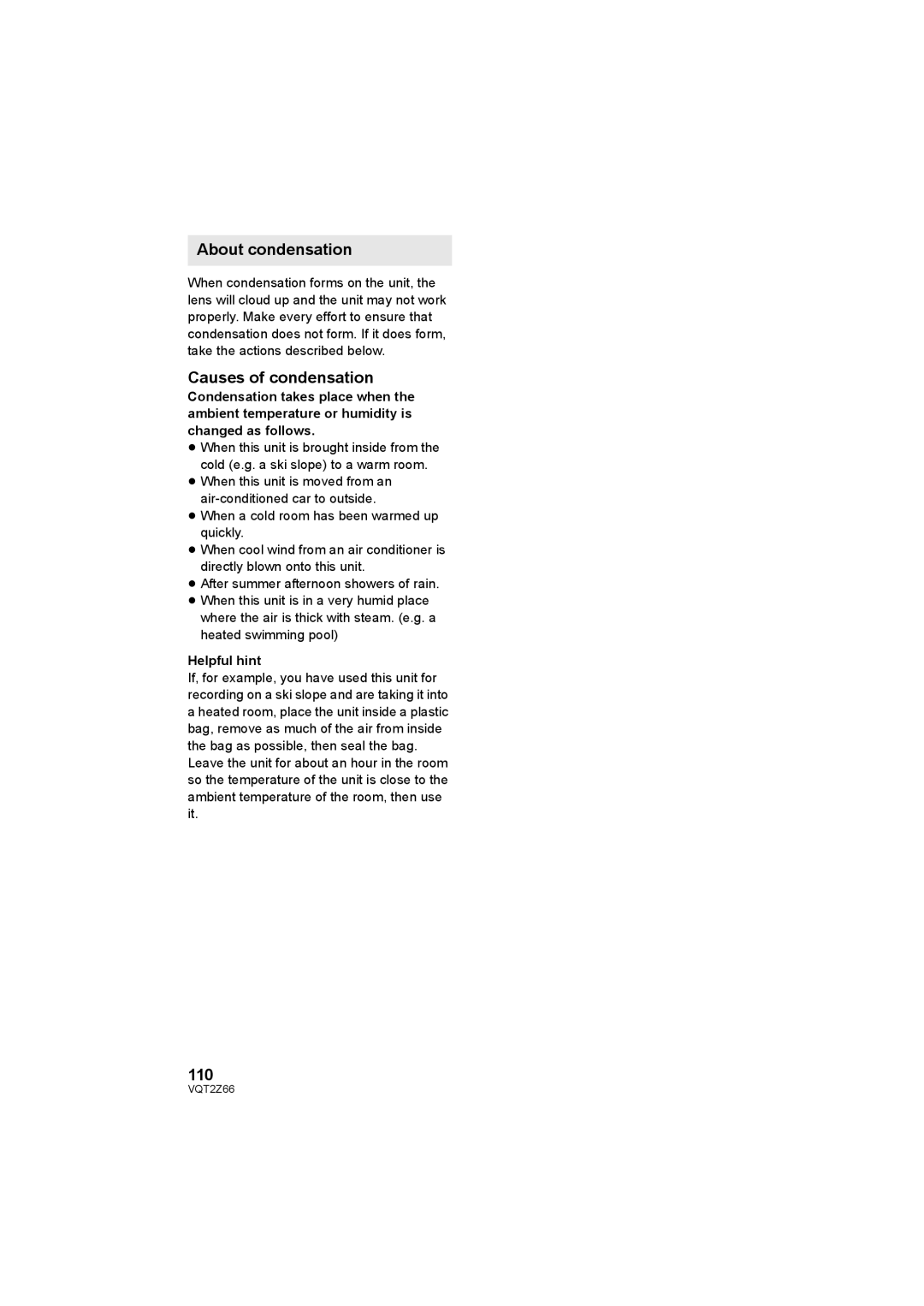 Panasonic HDC-MDH1 operating instructions About condensation, Causes of condensation, 110, Helpful hint 