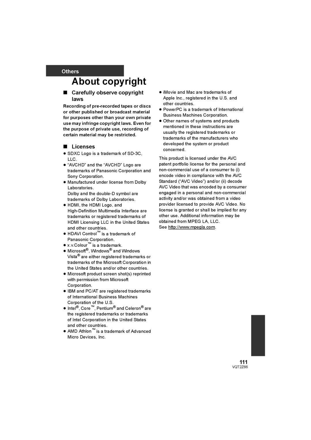 Panasonic HDC-MDH1 operating instructions About copyright, Carefully observe copyright laws, Licenses, 111 