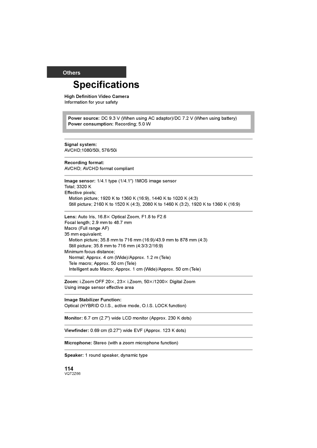 Panasonic HDC-MDH1 operating instructions Specifications, 114 