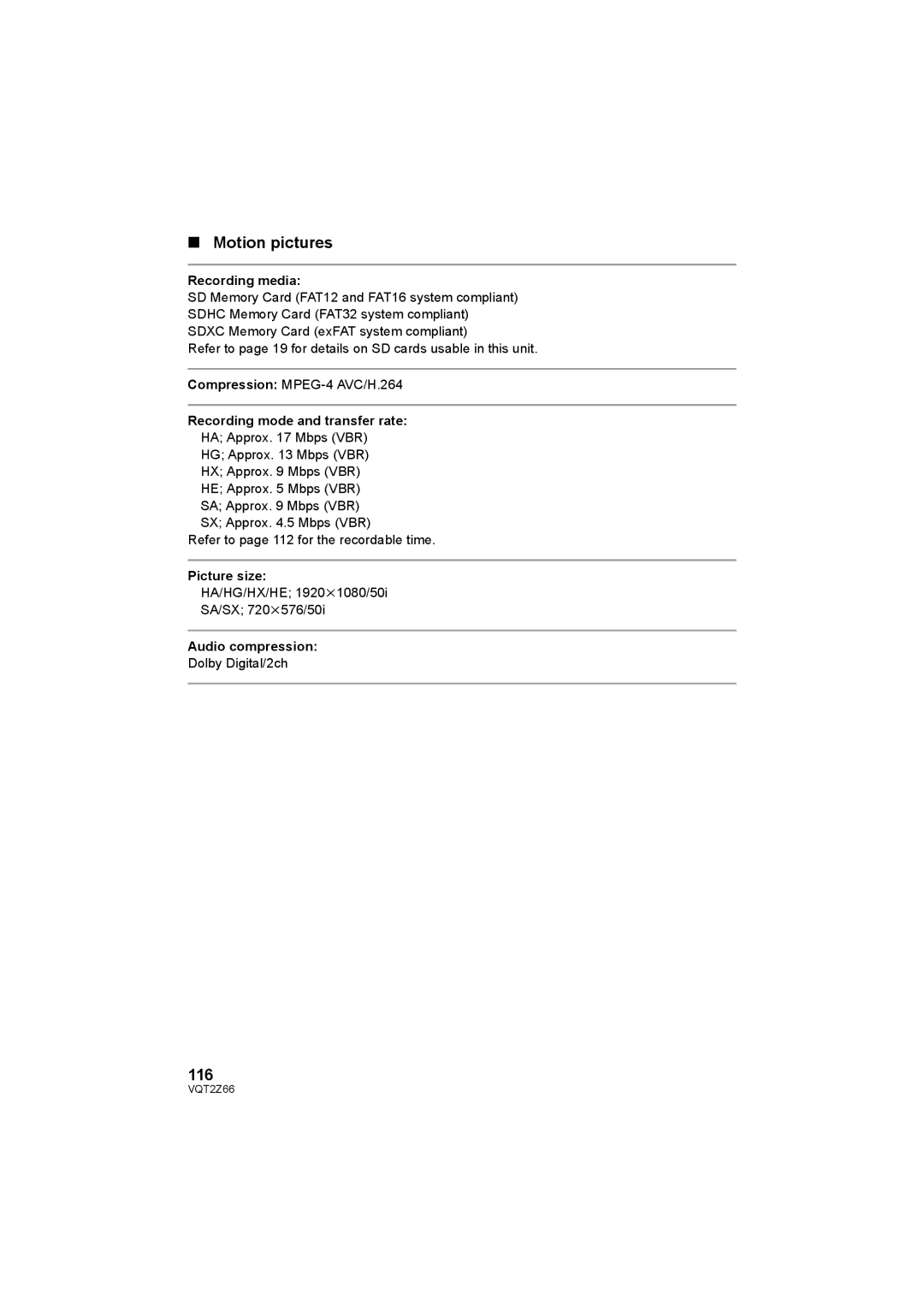 Panasonic HDC-MDH1 Motion pictures, 116, Recording media, Recording mode and transfer rate, Audio compression 