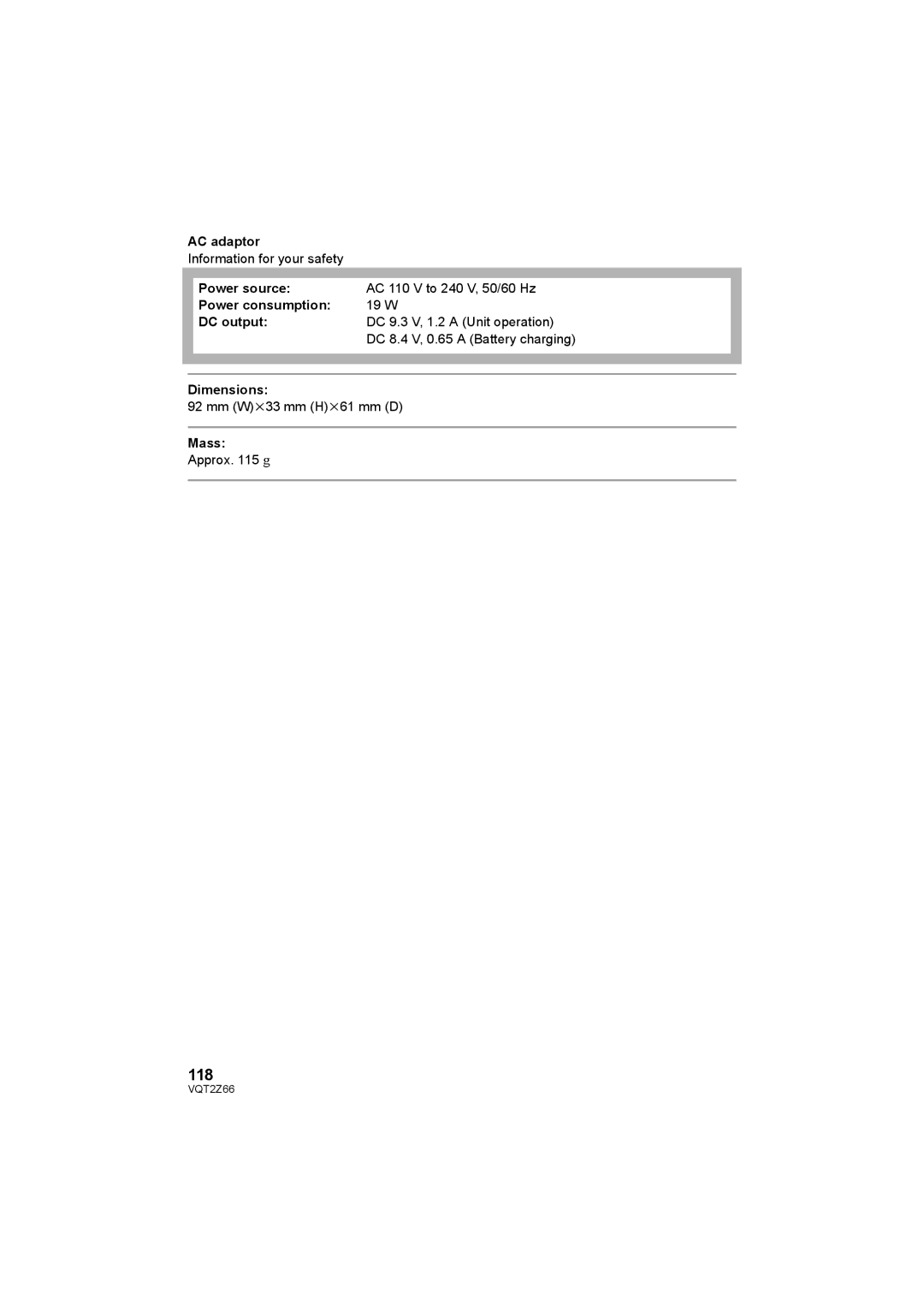 Panasonic HDC-MDH1 operating instructions 118, Power source, Power consumption, DC output 