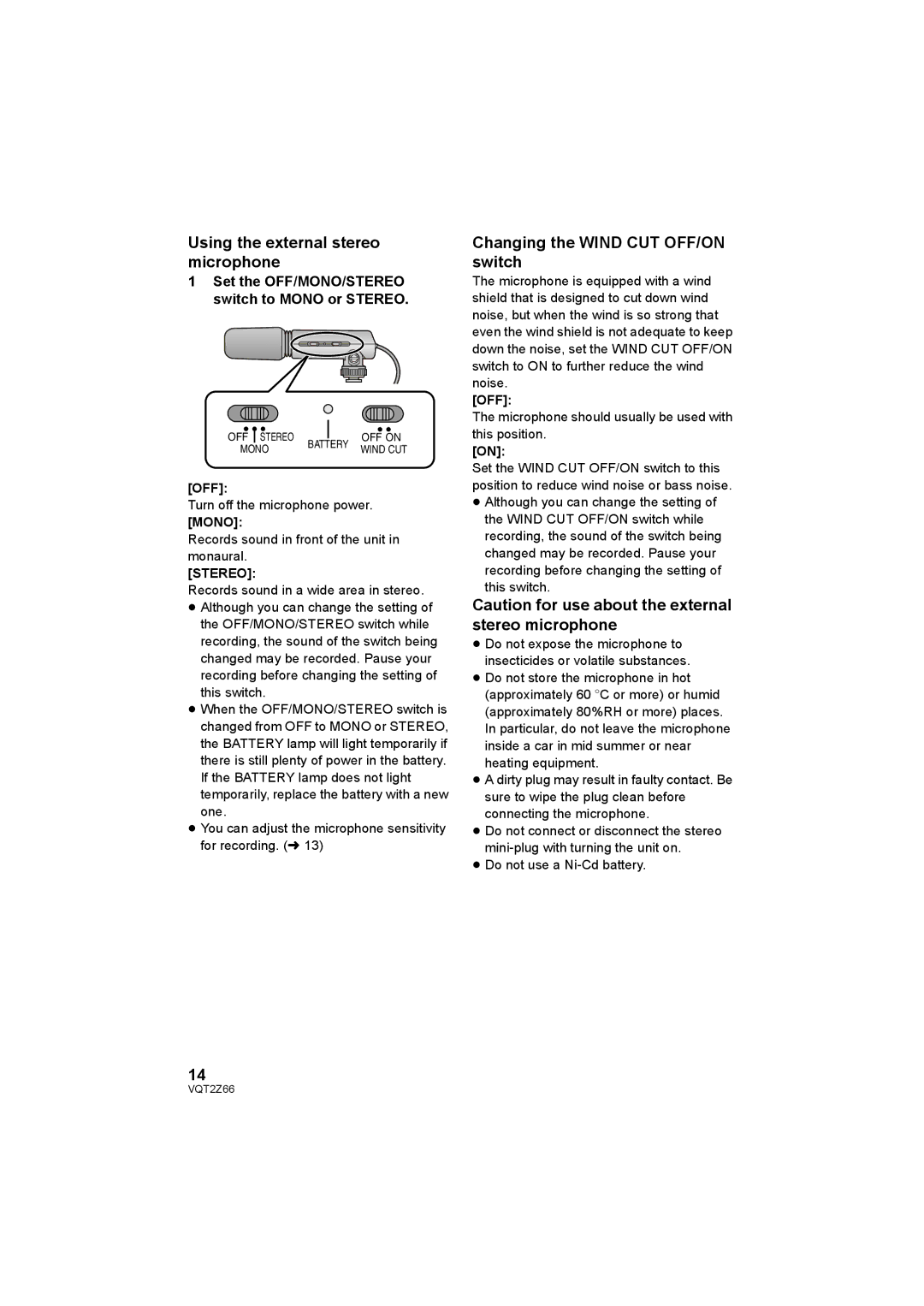 Panasonic HDC-MDH1 Using the external stereo microphone, Changing the Wind CUT OFF/ON switch, Off, Mono, Stereo 