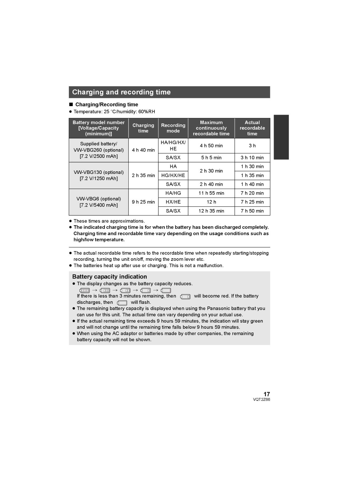 Panasonic HDC-MDH1 operating instructions Charging and recording time, Battery capacity indication 