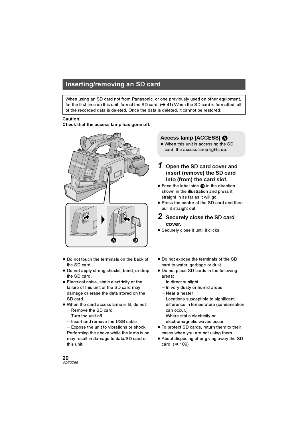 Panasonic HDC-MDH1 Inserting/removing an SD card, Access lamp Access a, Securely close the SD card cover,   