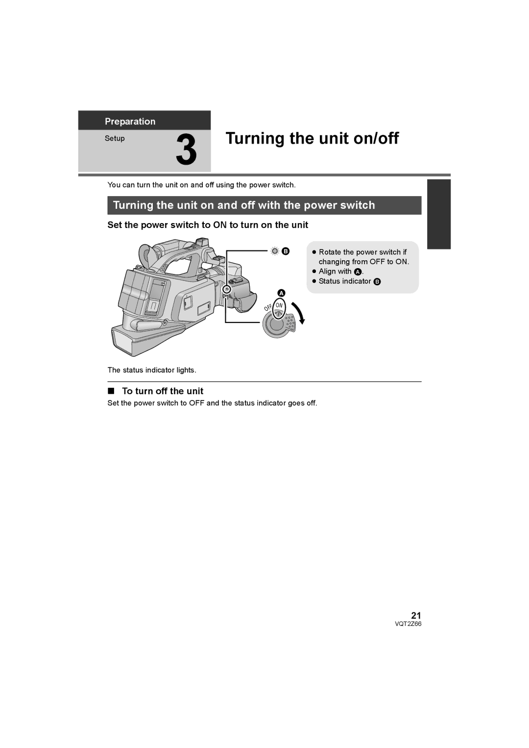 Panasonic HDC-MDH1 Turning the unit on/off, Turning the unit on and off with the power switch, To turn off the unit 