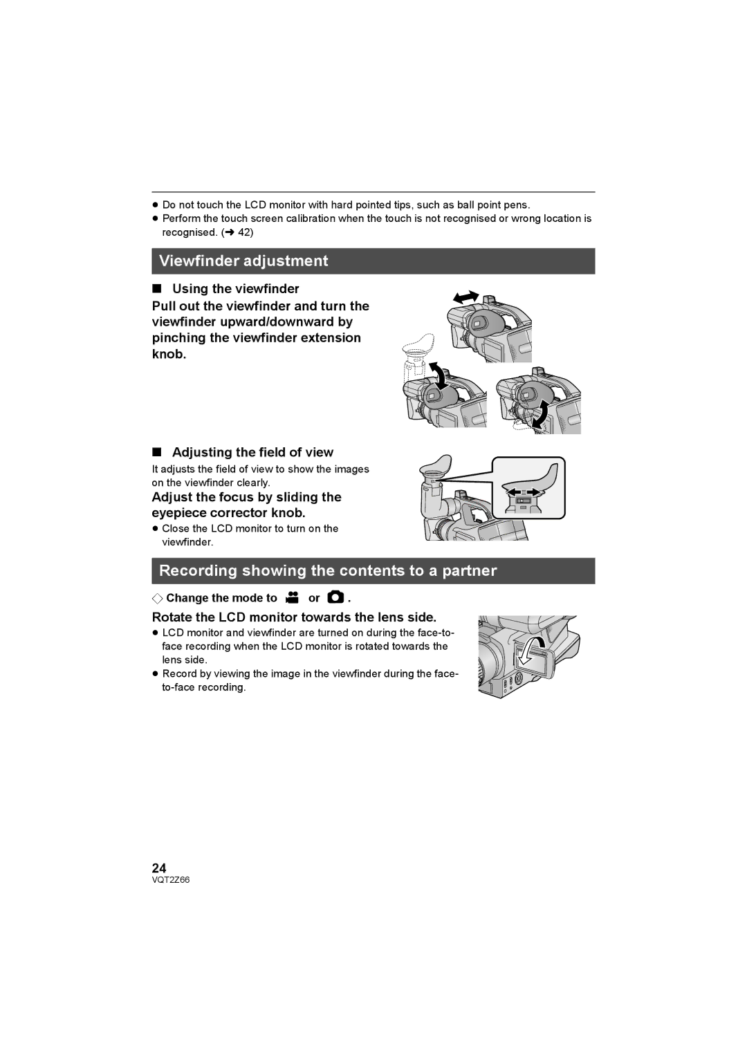 Panasonic HDC-MDH1 operating instructions Viewfinder adjustment, Recording showing the contents to a partner 