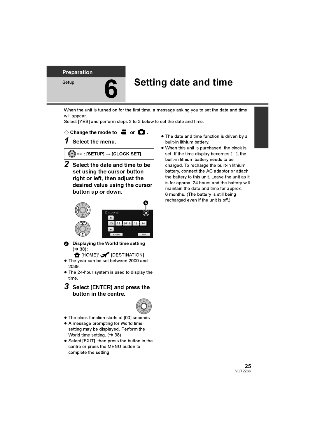 Panasonic HDC-MDH1 Setting date and time, Select the menu, Select Enter and press the button in the centre 