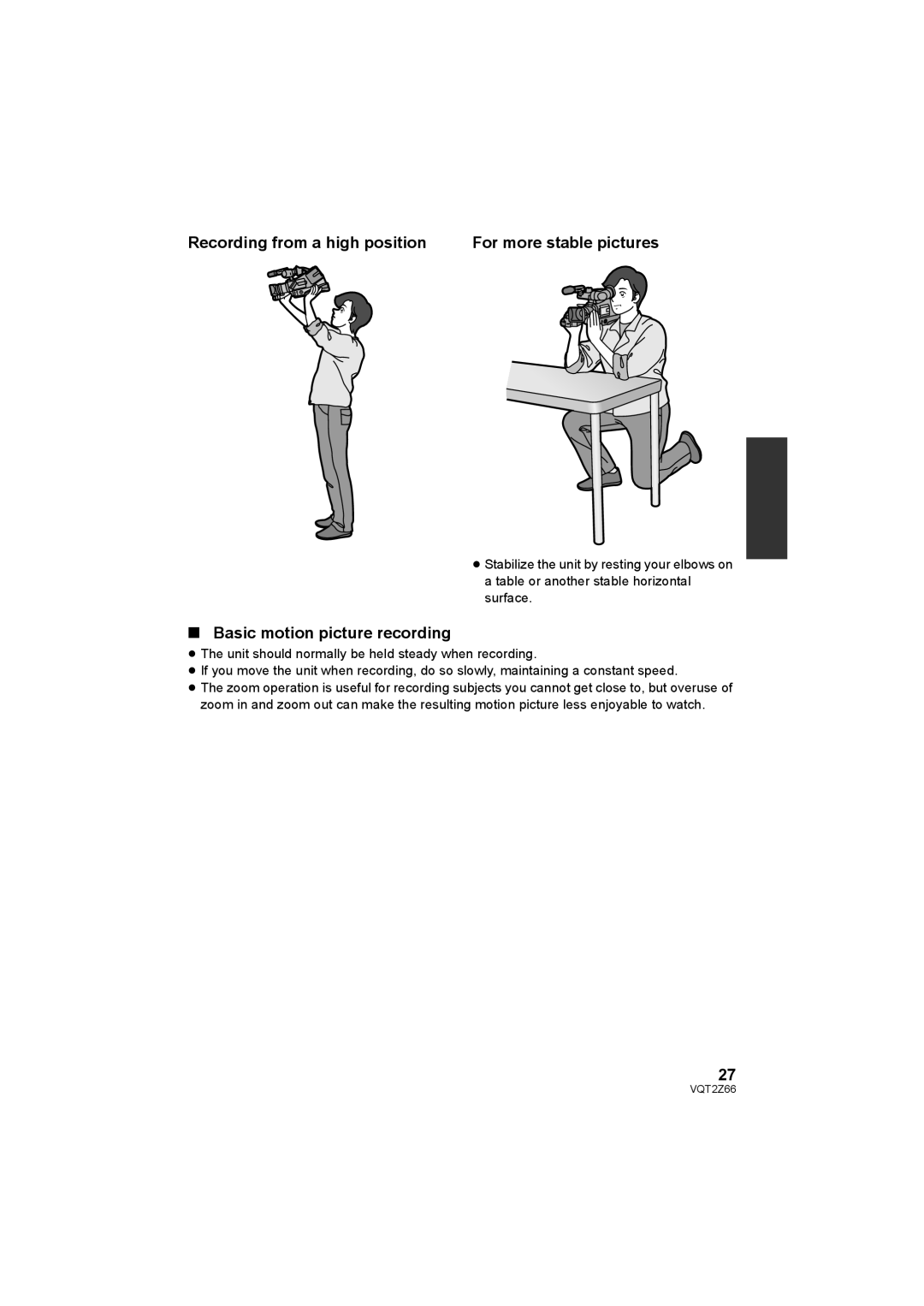 Panasonic HDC-MDH1 Recording from a high position For more stable pictures, Basic motion picture recording 