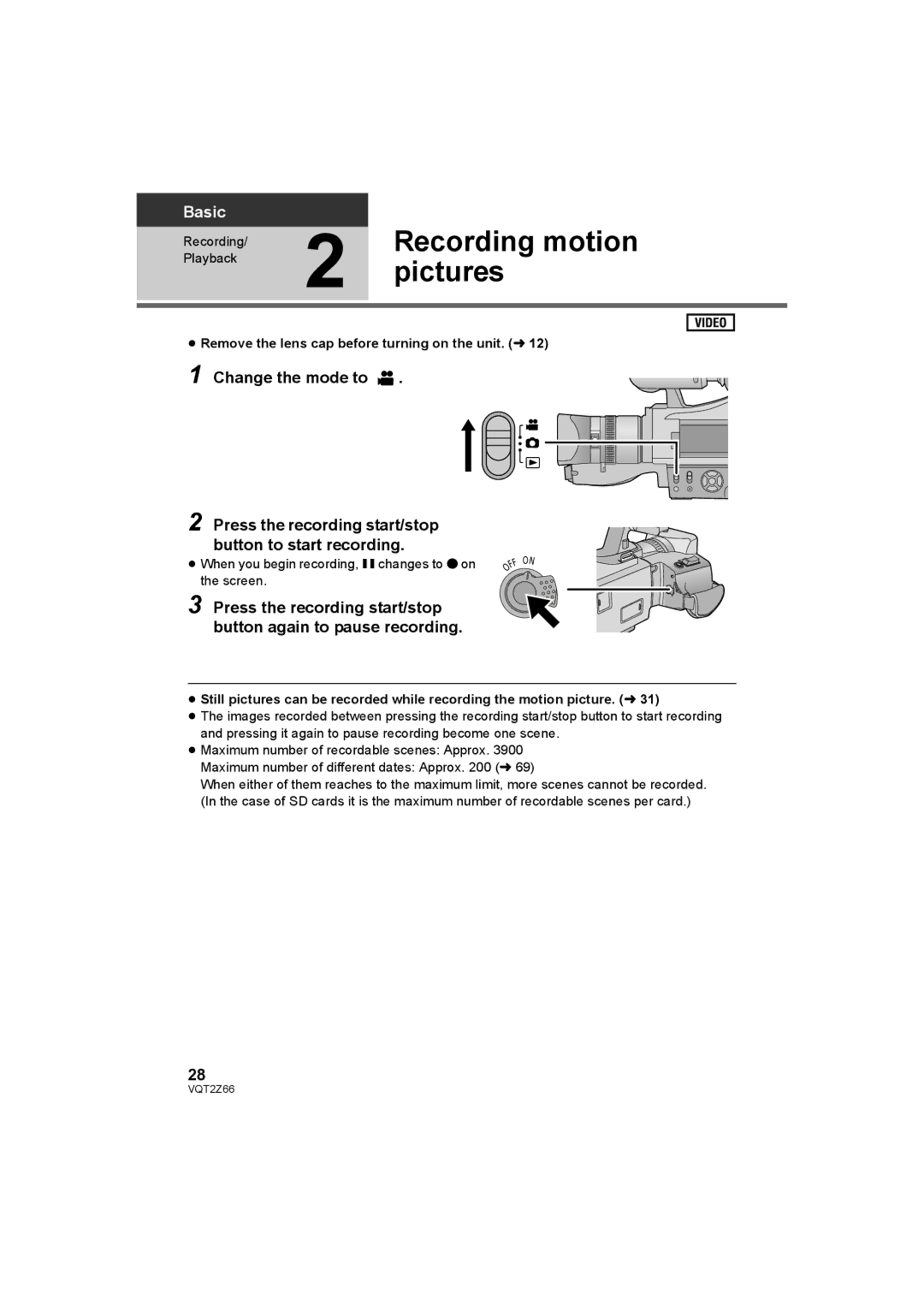 Panasonic HDC-MDH1 operating instructions Recording motion, Pictures, ≥ Remove the lens cap before turning on the unit. l12 