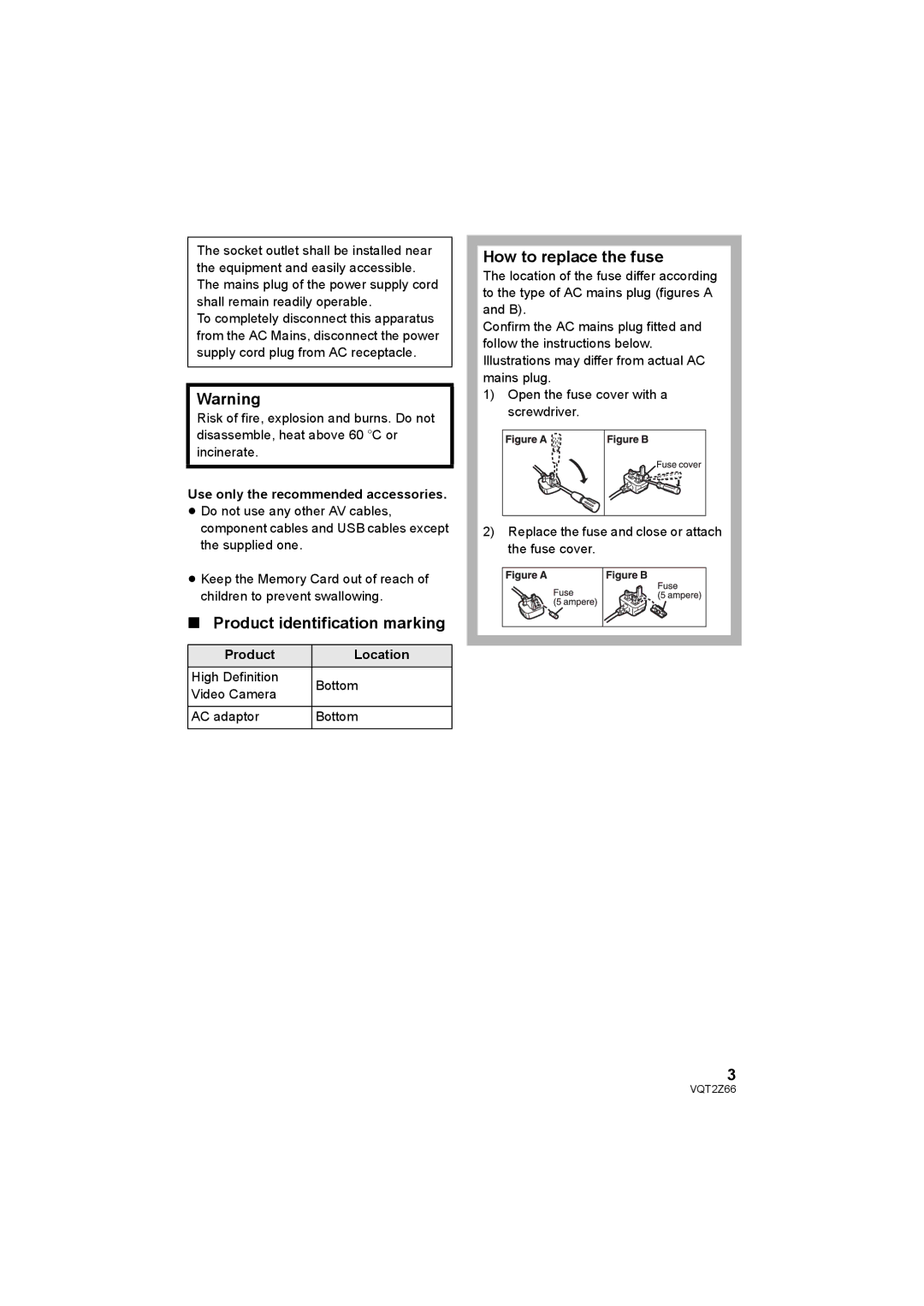 Panasonic HDC-MDH1 Product identification marking, How to replace the fuse, Use only the recommended accessories 