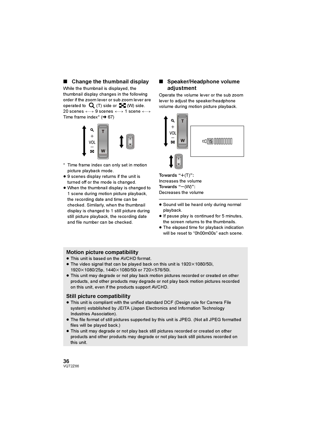 Panasonic HDC-MDH1 Change the thumbnail display, Speaker/Headphone volume adjustment, Motion picture compatibility 