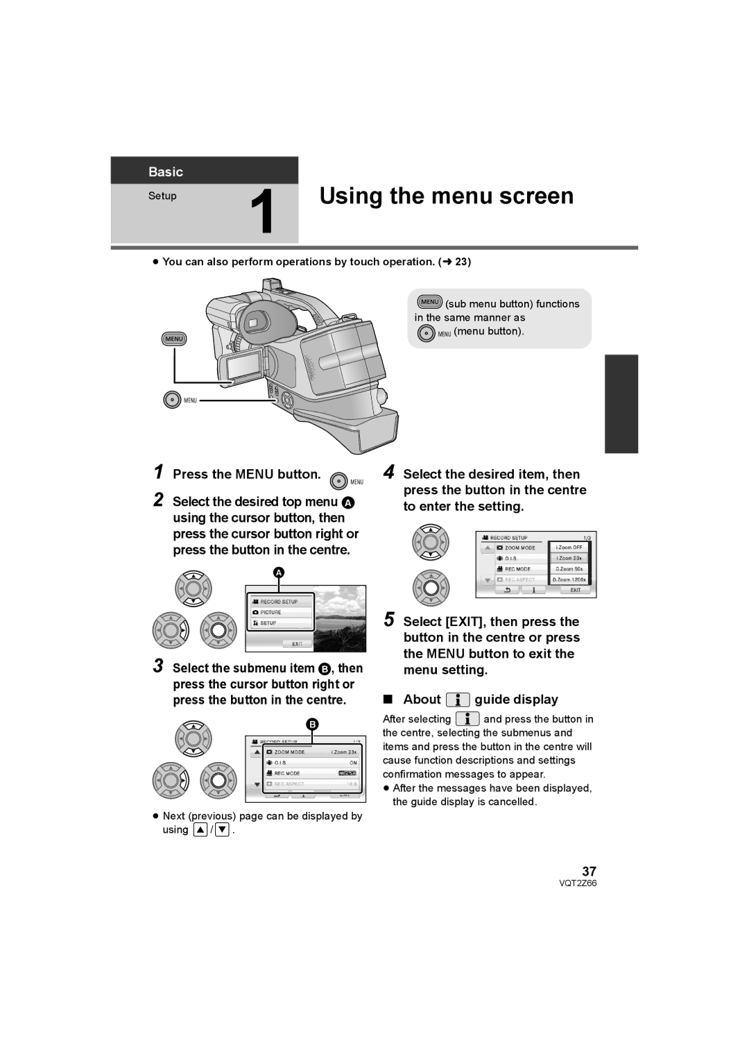 Panasonic HDC-MDH1 operating instructions Using the menu screen, Press the Menu button 