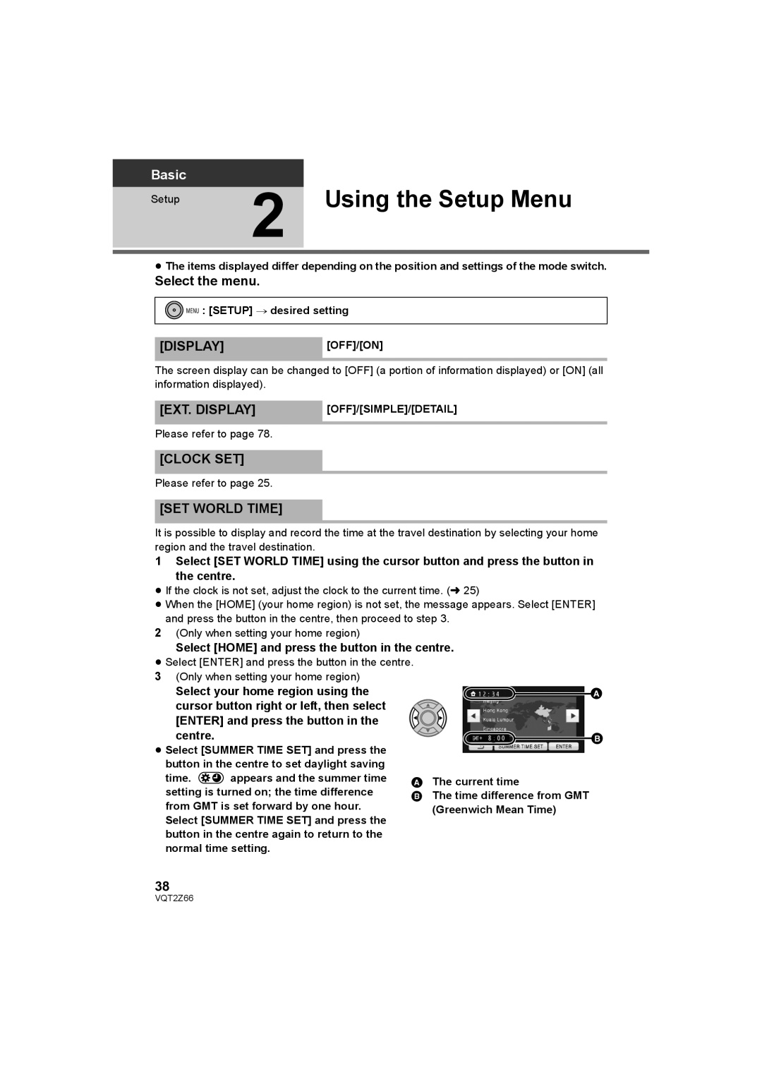 Panasonic HDC-MDH1 operating instructions Using the Setup Menu, Displayoff/On, EXT. Display, Clock SET, SET World Time 